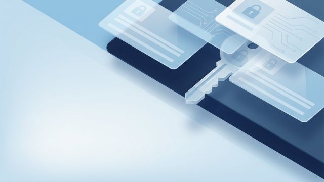 漂浮的識別卡片與鑰匙輪廓的抽象插圖，藍白色調