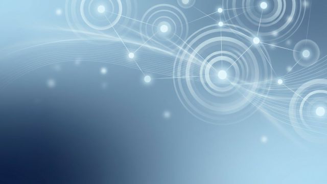 Abstract illustration of glowing nodes and broadcast rings forming a network in blue and white