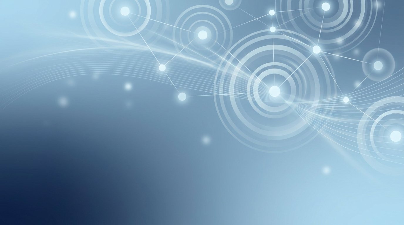 Abstract illustration of glowing nodes and broadcast rings forming a network in blue and white