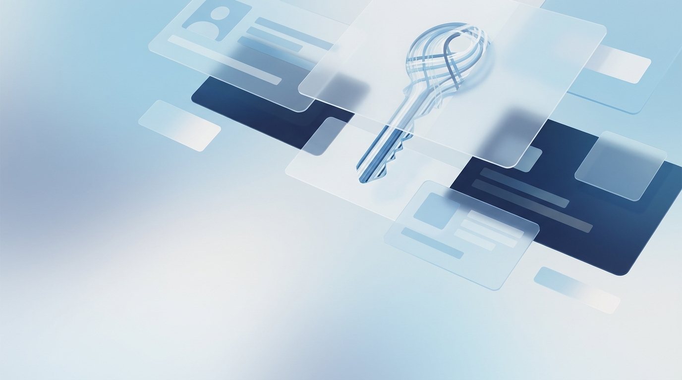 Abstract illustration of floating identity cards and a key outline in blue and white