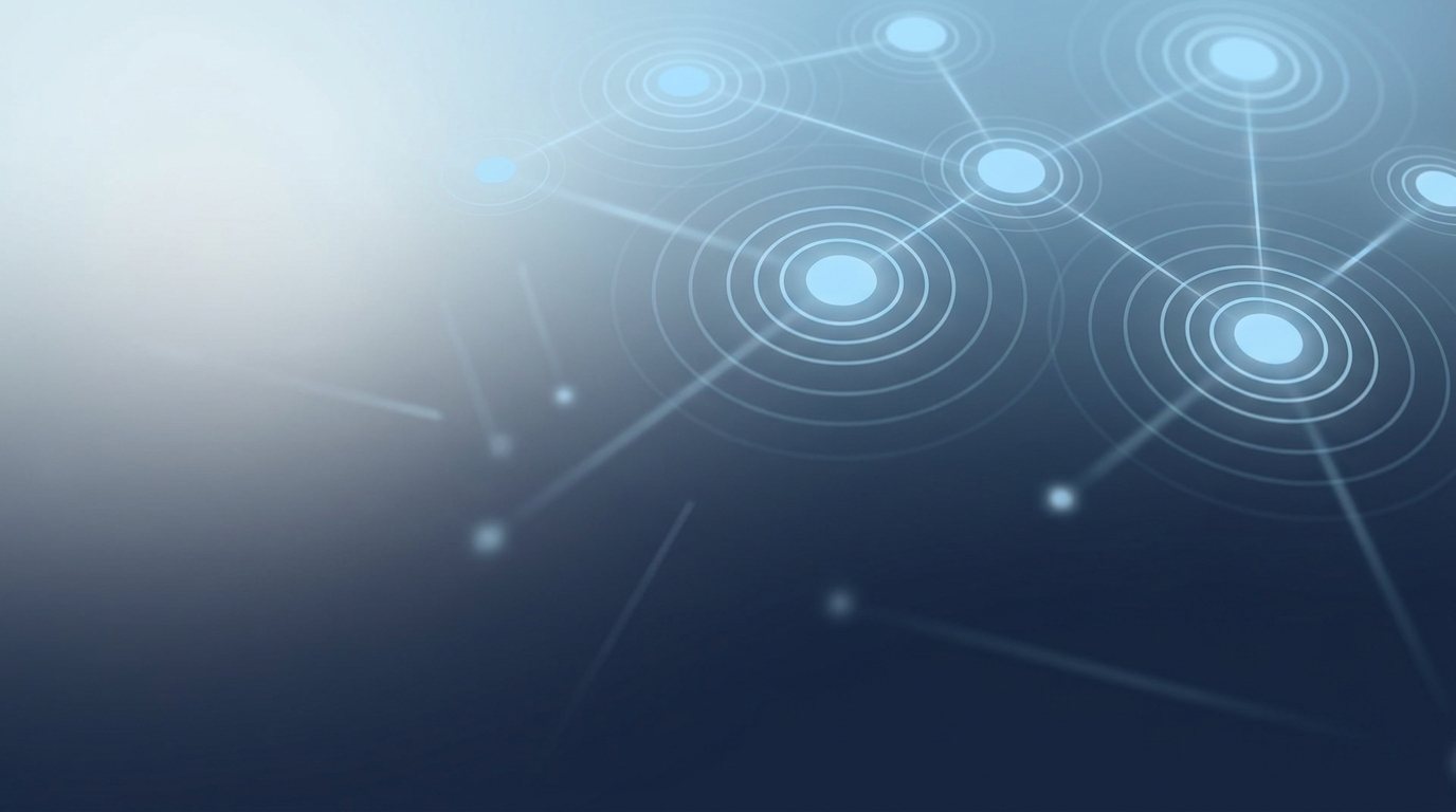 Abstract illustration of glowing nodes and broadcast rings forming a network in blue and white