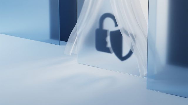 Abstract illustration of frosted glass panels and a lock-shaped shadow in blue and white