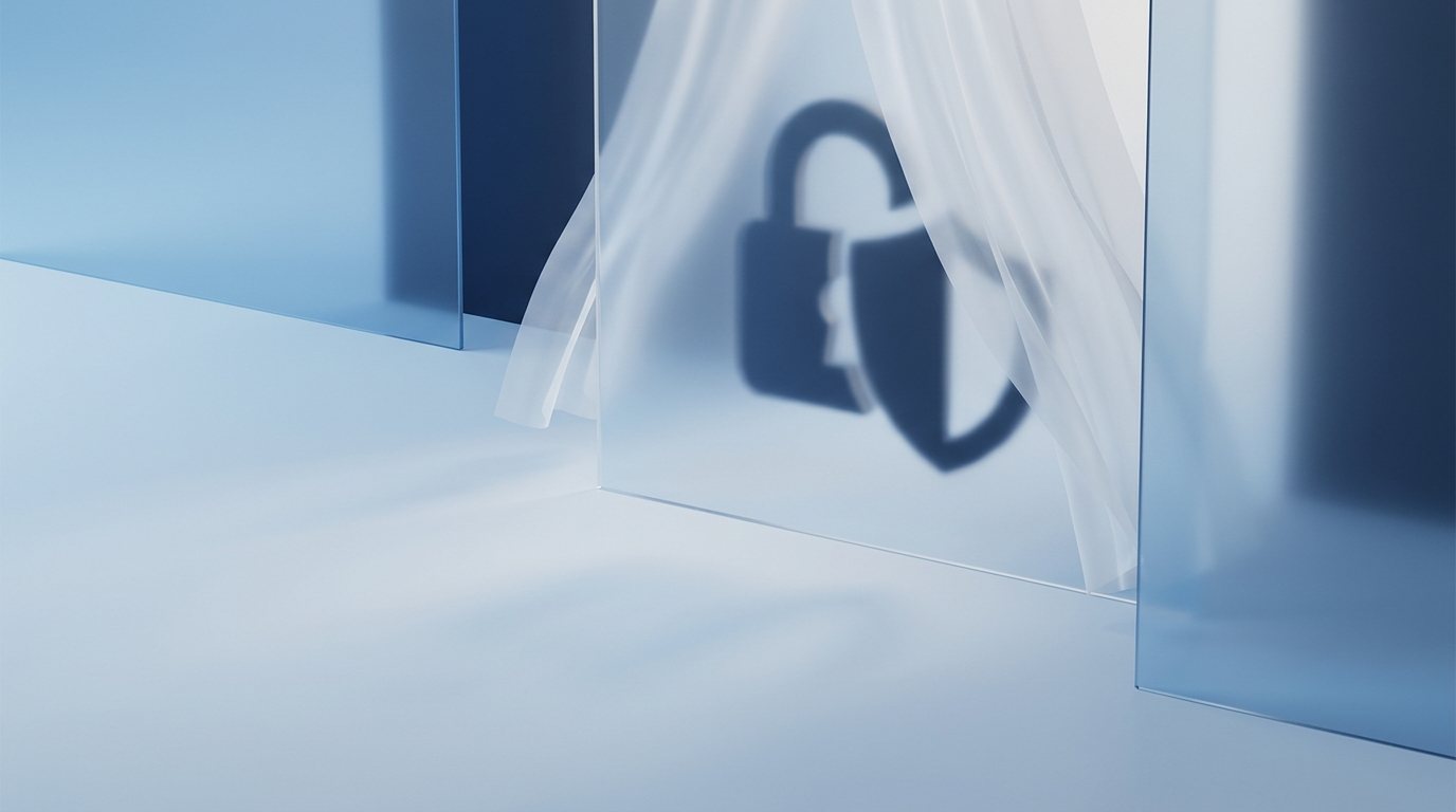 Abstract illustration of frosted glass panels and a lock-shaped shadow in blue and white